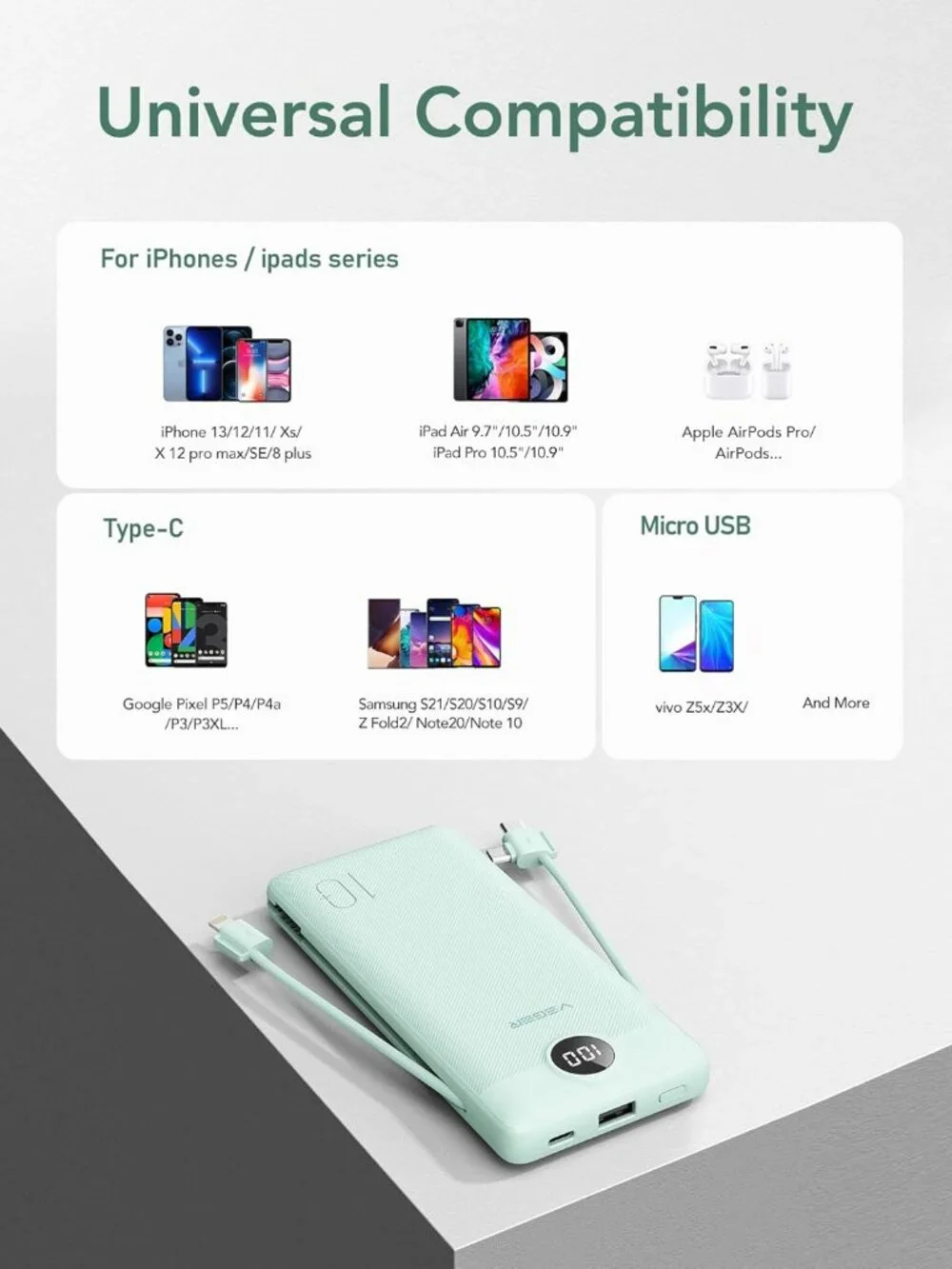 Portable Charger with Built-in AC Plug and Cables All in One 10000mAh Power Bank